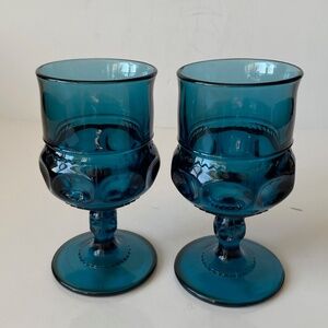 Two Wine Goblets by Indiana Glass Thumbprint King's Crown Cobalt Blue Vintage